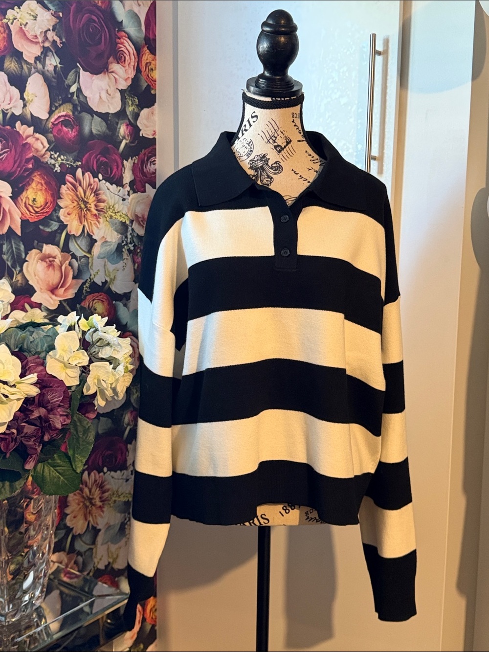Mango Black and white  Striped Polo-Style Sweater in size XXL